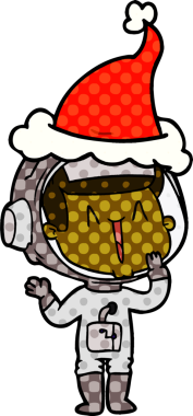 Gülen el çizimi çizgi roman stili Noel Baba şapkası giyen astronot bir insan tarafından çizilmiş.