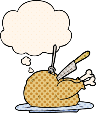 Çizgi roman tarzında bir insan tarafından çizilmiş düşünce baloncuklu çizgi film hindisi.