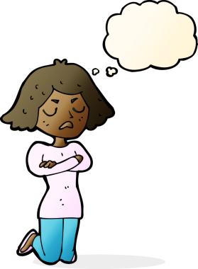 Bir insan tarafından çizilmiş düşünce baloncuğuyla rahatsız bir kadın.