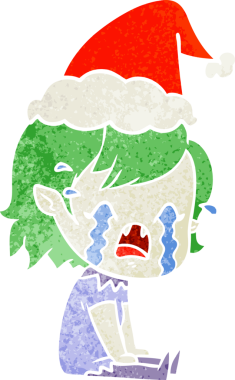 Ağlayan vampir bir kızın insan tarafından çizilmiş Noel Baba şapkası giydiği el çizimi bir çizgi film.