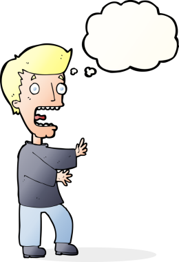 Bir insan tarafından çizilmiş düşünce baloncuğuyla dehşete düşmüş bir adam.