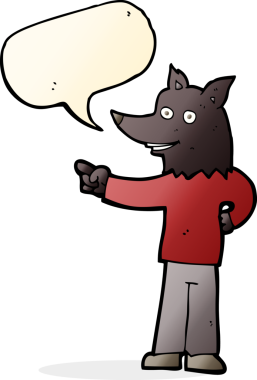 Bir insan tarafından çizilmiş konuşma baloncuğuyla işaret eden bir kurt adam.