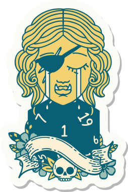 Ağlayan bir Ork karakterinin çıkartması. Doğal bir yüzü var. Bir insan tarafından çizilmiş D20 rulosu.