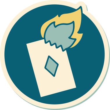 Geleneksel stil dövme çıkartması. Bir insan tarafından çizilmiş alevli kart.