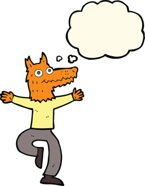 Bir insan tarafından çizilmiş düşünce balonlu tilki adam.