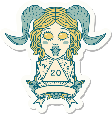 Bir insan tarafından çizilmiş doğal 20 D20 rulo ile bağlanmış bir etiket.