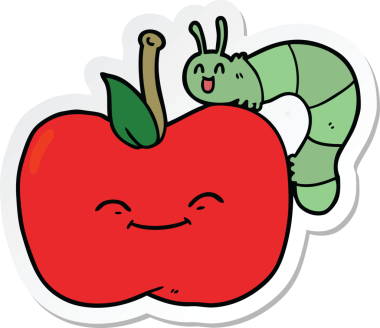 Bir insan tarafından çizilmiş elma ve böceğin çıkartması.