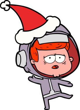 Bir insan tarafından çizilmiş Noel Baba şapkası giyen yorgun bir astronotun el çizimi.