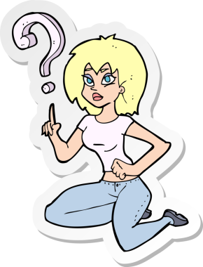 Bir insan tarafından çizilmiş sorular soran bir karikatür kadının çıkartması.