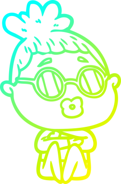 Bir insan tarafından çizilmiş gözlük takan bir kadının çizgi film çizimi.