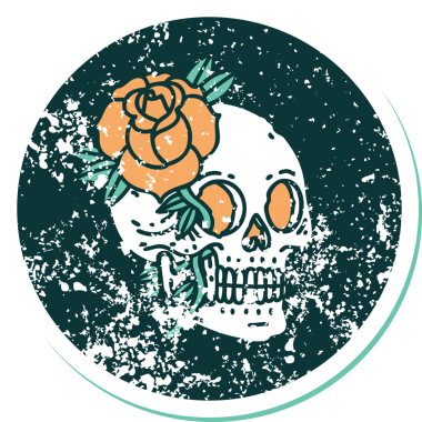 Bir insan tarafından çizilmiş kafatası ve gülün sembolik dövmeli görüntüsü.