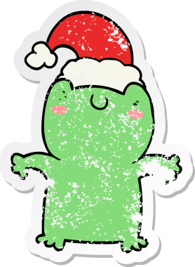 Bir insan tarafından çizilmiş Noel şapkası takan sevimli bir kurbağanın sıkıntılı çıkartması.
