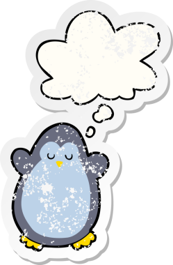 Düşünce baloncuğu olan karikatür pengueni insan tarafından çizilmiş yıpranmış bir çıkartma.