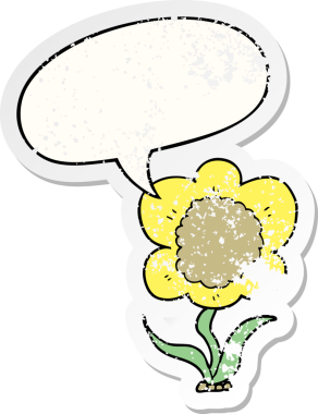 Konuşma baloncuğu olan karikatür çiçeği bir insan tarafından çizilmiş sıkıntılı eski bir çıkartma