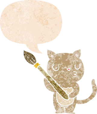 Grunge 'da konuşma baloncuğu olan sevimli çizgi film kedisi bir insan tarafından çizilmiş sıkıntılı retro dokuma tarzı