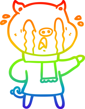 Gökkuşağı gradyan çizgisi, insan kıyafetleri giymiş ağlayan bir domuz çizgi filmi.