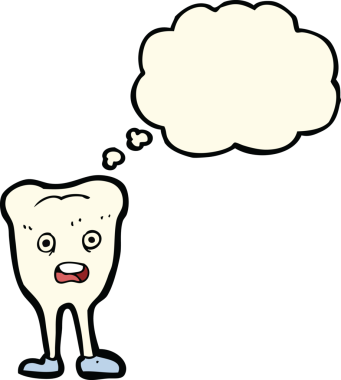 Bir insan tarafından çizilmiş düşünce baloncuklu mutlu diş çizgi filmi.