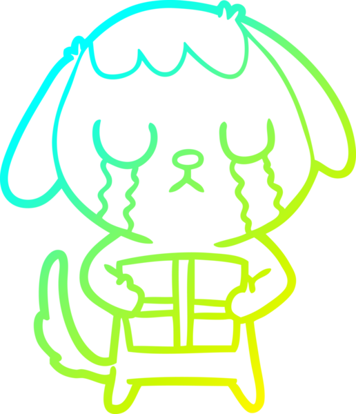 Bir insan tarafından çizilmiş noel hediyeli şirin bir köpeğin soğuk gradyan çizimi.