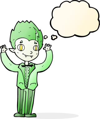 Bir insan tarafından çizilmiş düşünce balonu olan vampir çocuk.