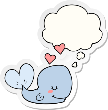 Düşünce baloncuğuna aşık çizgi film balinası insan tarafından çizilmiş bir çıkartma gibi.