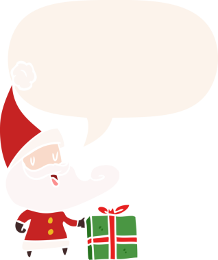 Bir insan tarafından çizilmiş eski tarz konuşma baloncuğu olan çizgi film Noel Baba.