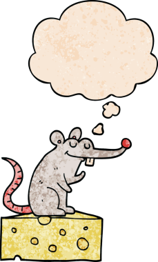 Bir insan tarafından çizilmiş grunge desenli düşünce baloncuklu peynirin üzerinde oturan çizgi film faresi.