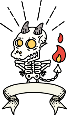 Dövme stili, iskelet şeytan karakterli bir parşömen. Bir insan tarafından çizilmiş.