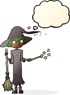 Bir insan tarafından çizilmiş düşünce baloncuğu ile çizgi film cadısı büyüsü