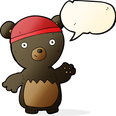 Bir insan tarafından çizilmiş konuşma balonlu şapka takan siyah ayı çizgi filmi.