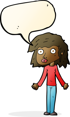 Bir insan tarafından çizilmiş konuşma baloncuğuyla omuz silken çizgi film kızı.