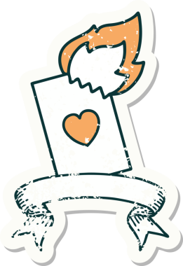 Bir insan tarafından çizilmiş alevli bir kartın pankartı olan eski bir etiket.