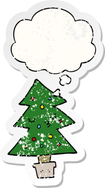 Düşünce baloncuğu olan karikatür Noel ağacı bir insan tarafından çizilmiş yıpranmış bir çıkartma.