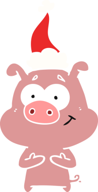 Mutlu el çizimi düz renk çizimi Noel Baba şapkası takan bir domuzun insan tarafından çizilmiş.