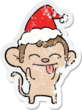 Komik bir el, insan tarafından çizilmiş Noel Baba şapkası takan bir maymunun kederli çıkartması.