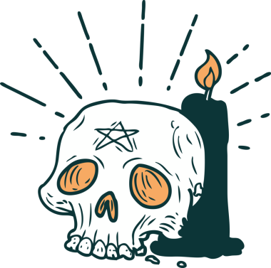 Geleneksel dövme stili ürkütücü kafatası ve bir insan tarafından çizilmiş mum.