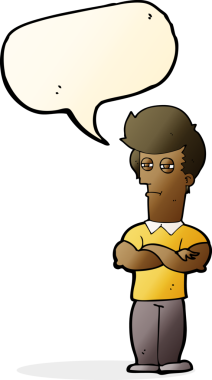 Bir insan tarafından çizilmiş, kolları katlanmış, konuşma balonu olan çizgi film adamı.