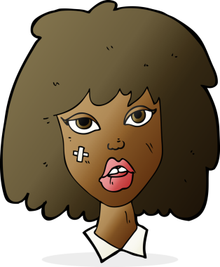 Bir insan tarafından çizilmiş yüzü morarmış bir çizgi film kadını.