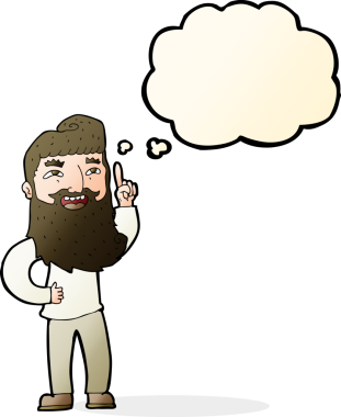 Bir insan tarafından çizilmiş düşünce baloncuğu fikri olan mutlu sakallı bir adam.