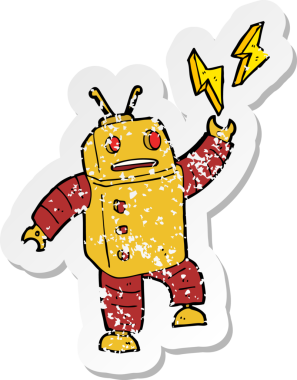 Bir insan tarafından çizilmiş karikatür robotunun gerilmiş yapıştırması.