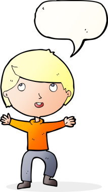 Bir insan tarafından çizilmiş konuşma balonu olan mutlu bir çocuk.