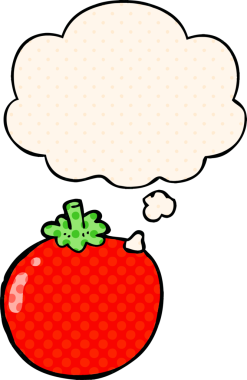 Bir insan tarafından çizilmiş, düşünce baloncuklu çizgi film domatesi.