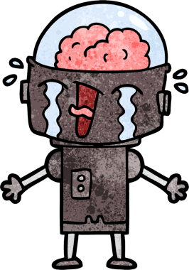 Bir insan tarafından çizilmiş ağlayan robot çizgi film.