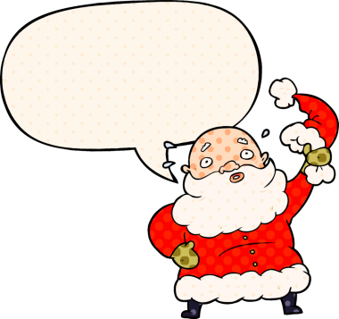 Çizgi roman tarzında şapkasını şapkasıyla sallayan bir insan tarafından çizilmiş bir noel baba.