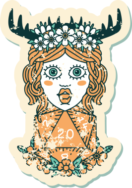 Bir insan tarafından çizilmiş doğal yirmi zarlı bir Druid 'in grunge çıkartması.