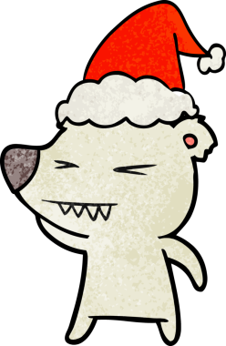 Kızgın kutup ayısı eli bir insan tarafından çizilmiş Noel Baba şapkası çizilmiş.