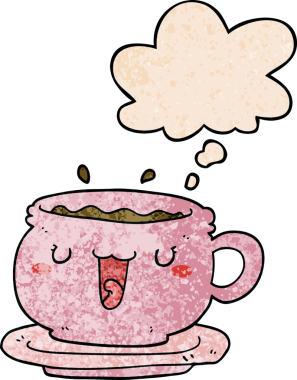 Bir insan tarafından çizilmiş grunge desenli düşünce baloncuklu tatlı çizgi film fincanı ve fincan tabağı.