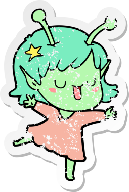 Bir insan tarafından çizilmiş mutlu uzaylı kız çizgi filminin sıkıntılı çıkartması.