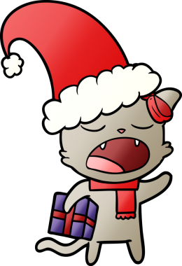 Bir insan tarafından çizilmiş Noel hediyeli çizgi film kedisi.