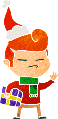 Moda saçlı, Noel Baba şapkası takan havalı bir adamın insan tarafından çizilmiş el çizimi karikatürü.