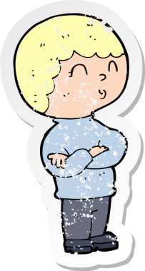 Bir insan tarafından katlanmış kolları olan bir çizgi film karakterinin gerilmiş çıkartması.